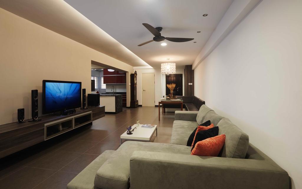 Contemporary, HDB, Living Room, Hougang, Interior Designer, The Design Practice, Mini Ceiling Fan, Hanging Lamp, Tv Console, Grey Sofa, Neutral Tones, Couch, Furniture, Indoors, Interior Design, Kitchen, Room