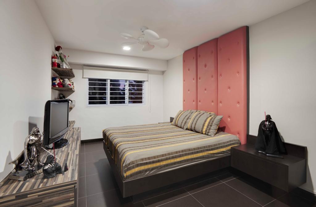 Contemporary, HDB, Bedroom, Hougang, Interior Designer, The Design Practice, High Headboard, Window Shutters, Mini Ceiling Fan, Tv Console, Wood, Laminates, Bed, Furniture, Indoors, Interior Design, Room