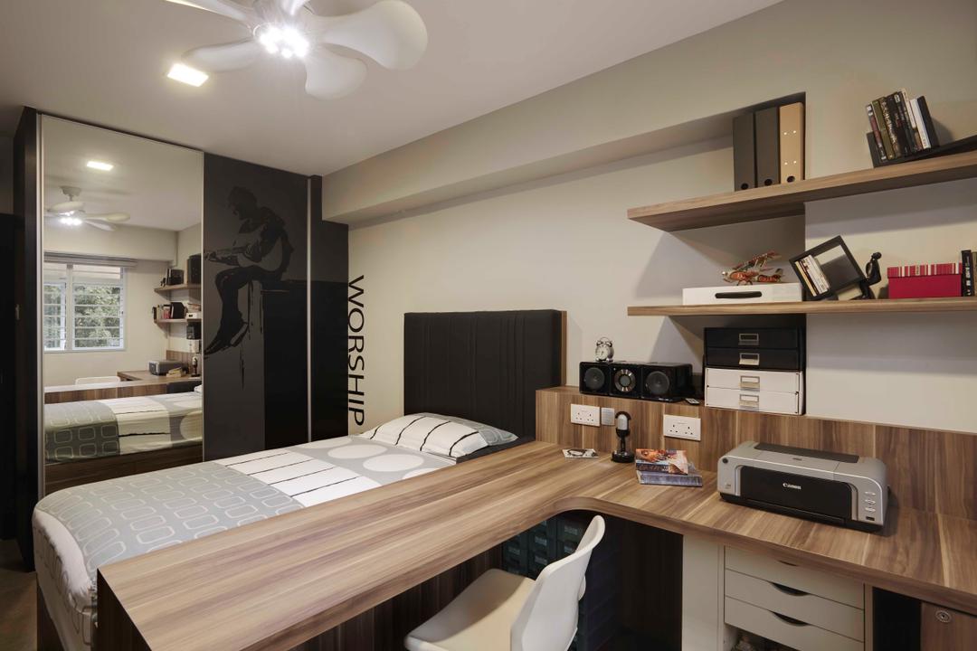Hougang, The Design Practice, Contemporary, Bedroom, HDB, Wood, Laminate, Wooden Laminate, Ceiling Fan, Wooden Shelves, Furniture, Mattress, Shelf, Building, Housing, Indoors, Loft, Appliance, Electrical Device, Oven