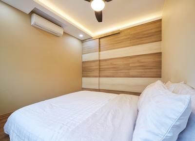 Tree Trail at Woodlands, Absolook Interior Design, Modern, Bedroom, HDB, King Size Bed, Air Conditioning, Beige Walls, Cozy, Comfortable, Relax, Chill, Ceiling Fan With Light, Hidden Interior Light, Wooden Panel, Bed, Furniture