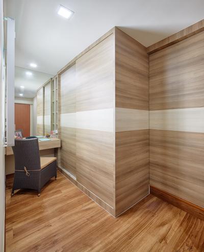Tree Trail at Woodlands, Absolook Interior Design, Modern, Bedroom, HDB, Wooden Floor, Wooden Wall, Recessed Lights, Mirror, Lounge Chair, Wall Mounted Wooden Table, Chair, Furniture, Plywood, Wood