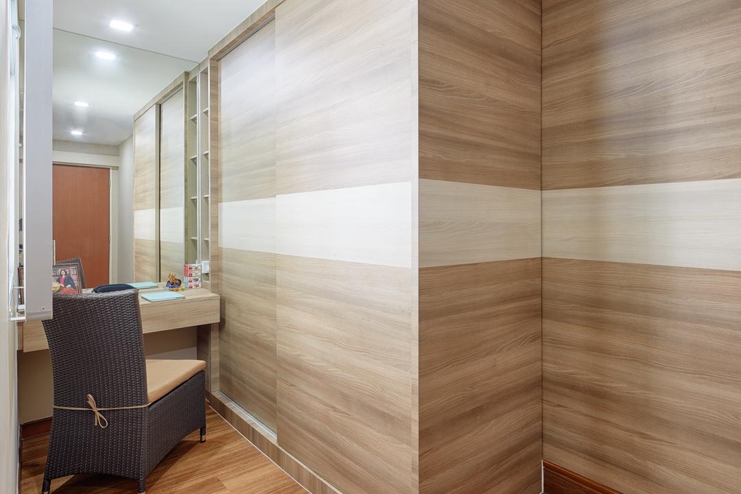 Tree Trail at Woodlands, Absolook Interior Design, Modern, Bedroom, HDB, Wooden Floor, Wooden Wall, Recessed Lights, Mirror, Lounge Chair, Wall Mounted Wooden Table, Chair, Furniture, Plywood, Wood