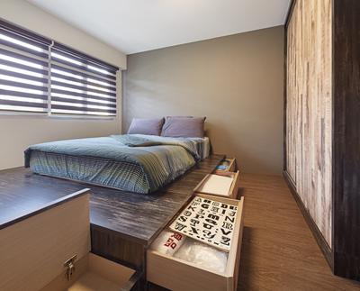 Ping Yi Greens, Absolook Interior Design, Industrial, Scandinavian, Bedroom, HDB, Wooden Floor, Wooden Wardrobe, King Size Bed, Elevated Level, Roll Down Curtains, Floor Mounted Drawer, Spacious, Cozy, Relax, Comfortable, Chill, Bed, Furniture