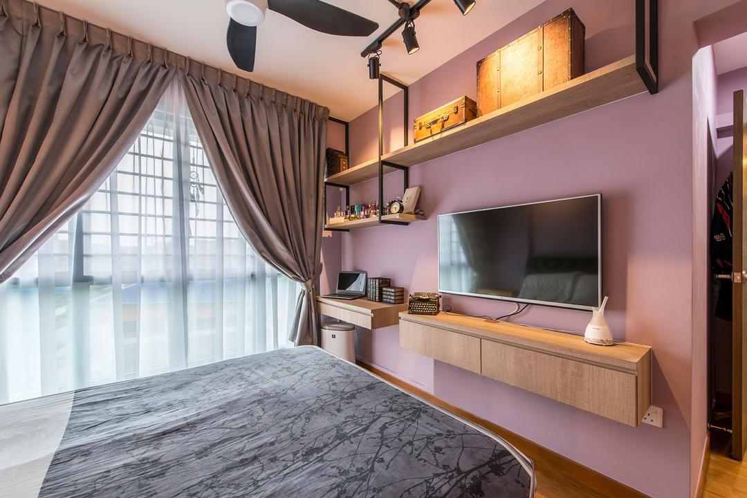 Waterway Brooks, Posh Living Interior Design, Industrial, Bedroom, HDB, Pink Wall, Storage, Wall Shelves, Wall Cabinet, Ceiling Fan, Track Light, Wooden Boxes, Curtain, Wall Mounted Tv