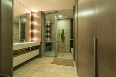 Seletar Road (Block 21), Omni Design, Contemporary, Bathroom, Condo, Wooden Floor, Wooden Table, Shower, Wall Mounted Lights, Mirror