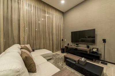 Seletar Road (Block 21), Omni Design, Contemporary, Living Room, Condo, Sling Curtain, Spacious, Cozy, Sofa, Wall Mounted Television, Television Console, Rectangular Table, Rendered Light, Indoors, Room