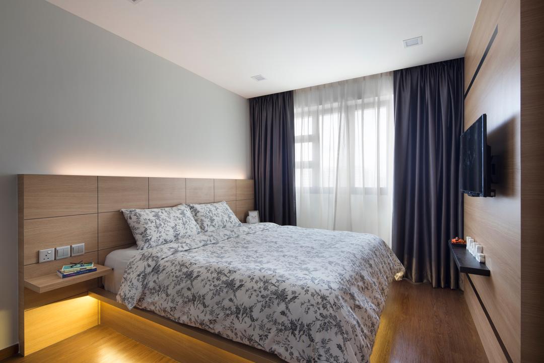 Compassvale Crescent (Block 293D), Urban Design House, Contemporary, Bedroom, HDB, Sling Curtain, King Size Bed, Wall Mounted Television, Floating Console, Wooden Panel, Wall Mounted Wooden Shelf, Wooden Floor