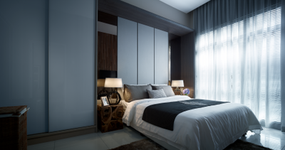 One Sentral Serviced Residences, Oriwise Sdn Bhd, Minimalist, Bedroom, Condo, Bed, Furniture, Lamp, Lampshade, Indoors, Interior Design, Room