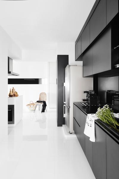 Edgefield Plains, Dan's Workshop, Modern, Scandinavian, Living Room, HDB, Knobless, Black Cabinets, Kitchen Cabinets, Open Concept, Open Kitchen, Monochrome, Black And White, Flora, Jar, Plant, Potted Plant, Pottery, Vase, Appliance, Electrical Device, Oven, Collage, Poster