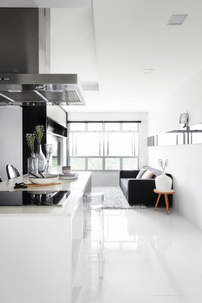 Edgefield Plains, Dan's Workshop, Modern, Scandinavian, Living Room, HDB, Monochrome, Pinterest Worthy, Open Concept, Bright, Black And White, White And Black, Kitchen Island, Open Kitchen, Chair, Furniture, Appliance, Electrical Device, Oven