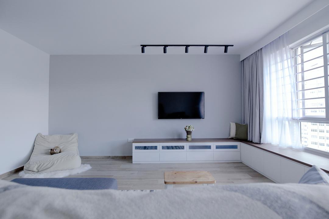 Upper Serangoon Crescent, The Local INN.terior 新家室, Scandinavian, Minimalist, Living Room, HDB, Spacious, Cozy, , Wall Mounted Television, Relax, Relaxation, White Cabinets, Wooden Top, Track Lights, Single Sofa, Sling Curtains, Window Panels, Bedroom, Indoors, Interior Design, Room