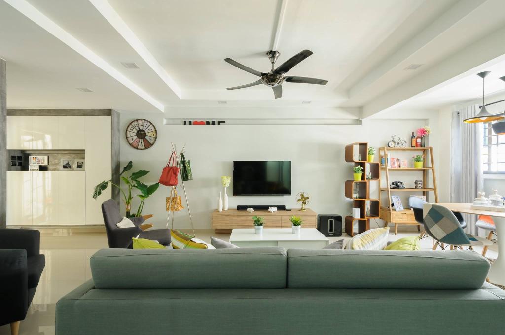 Modern, HDB, Living Room, Jurong West, Interior Designer, Starry Homestead, White Wall, Hanging Light, Couch, Furniture
