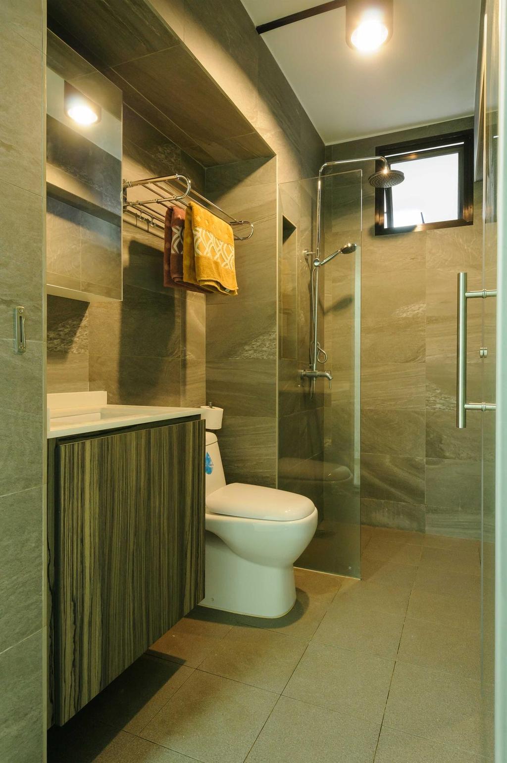 Modern, HDB, Bathroom, Jurong West, Interior Designer, Starry Homestead, Wooden Shelves, Tiles, Glass Door, Shower, Toilet, Indoors, Interior Design, Room