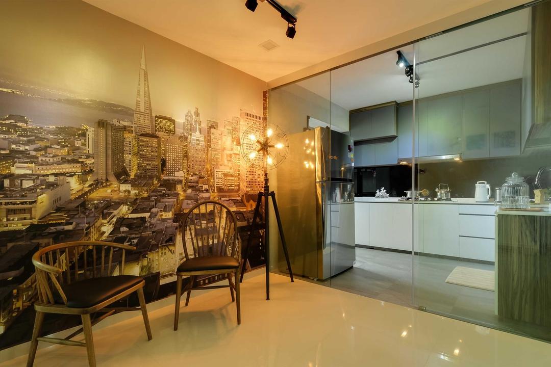 Jurong West, Starry Homestead, Modern, Kitchen, HDB, Featured Wall, Glass Doors, Tiles, Wood, Tripod, Chair, Furniture, Dining Table, Table, Dining Room, Indoors, Interior Design, Room, Bench