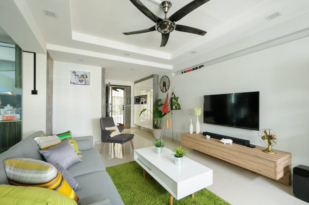 Modern, HDB, Living Room, Jurong West, Interior Designer, Starry Homestead, Wood Console, Grass Carpet, White Walls, Indoors, Room