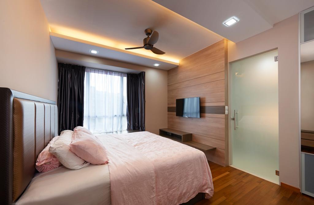 Contemporary, Condo, Bedroom, Kovan Melody, Interior Designer, DC Vision Design, King Size Bed, Spin Fan, Wall Mounted Television, Floating Console, Wooden Floor, Recessed Light, Hidden Interior Lights, Cushioned Panel, Sling Curtain, Wooden Wall Panel, Glass Door, Cozy, Comfortable, Chill, Relax