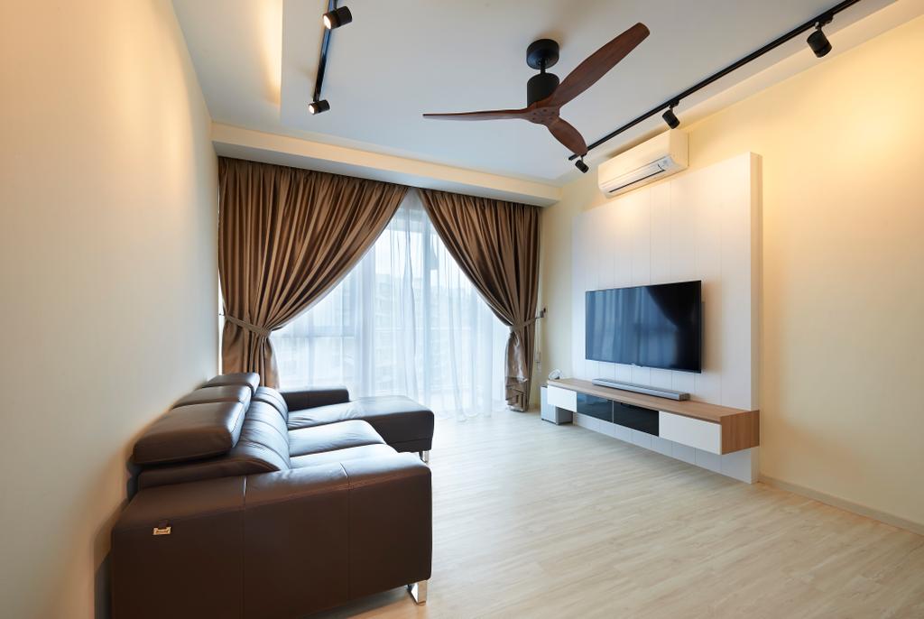 Contemporary, Condo, Living Room, Kovan Melody, Interior Designer, DC Vision Design, Black Track Lights, Sling Curtain, Wall Mounted Television, Spin Fan, Wooden Floor, Floating Console, Plain Wall, Brown Sofa, Air Conditioning, Spacious