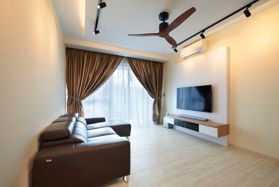 Kovan Melody, DC Vision Design, Contemporary, Living Room, Condo, Black Track Lights, Sling Curtain, Wall Mounted Television, Spin Fan, Wooden Floor, Floating Console, Plain Wall, Brown Sofa, Air Conditioning, Spacious