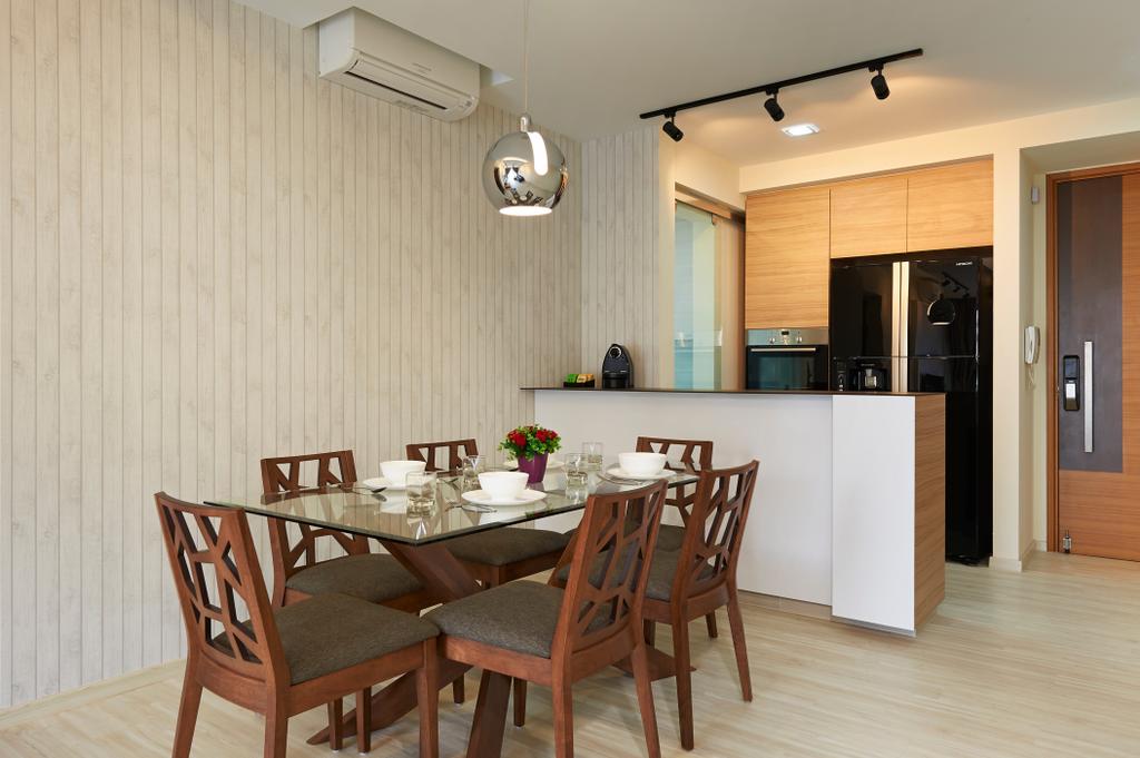 Contemporary, Condo, Dining Room, Kovan Melody, Interior Designer, DC Vision Design, Black Track Lights, Air Conditioning, Wooden Dining Chair With Cushion, Glass Dining Table, Wooden Floor, Wood Door, Wall Mounted Cabinet, Pendant Light, Built In Refrigerator