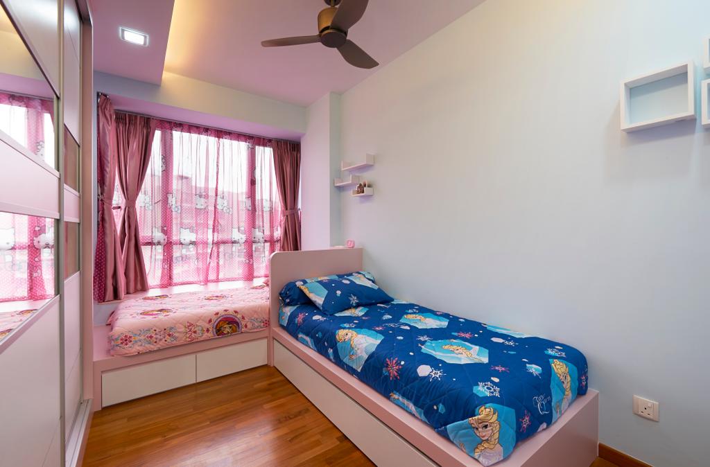 Contemporary, Condo, Bedroom, Kovan Melody, Interior Designer, DC Vision Design, Spin Fan, Sling Curtain, Kids Room, Single Person Bed, Wall Mounted Shelves, Wooden Floor, Blue Bed With Cartoon Patterns, Pink Mattress