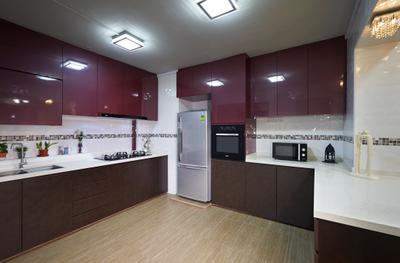 Simei Street 1 (Block 254), DC Vision Design, Traditional, Kitchen, HDB, Wooden Floor, Ceiling Mounted Lights, Wooden Kitchen Cabinet Polar White Marble Top, Refrigerator, Built In Oven, Wall Mounted Magenta Cabinet, Kitchen Sink, Kitchen Stove