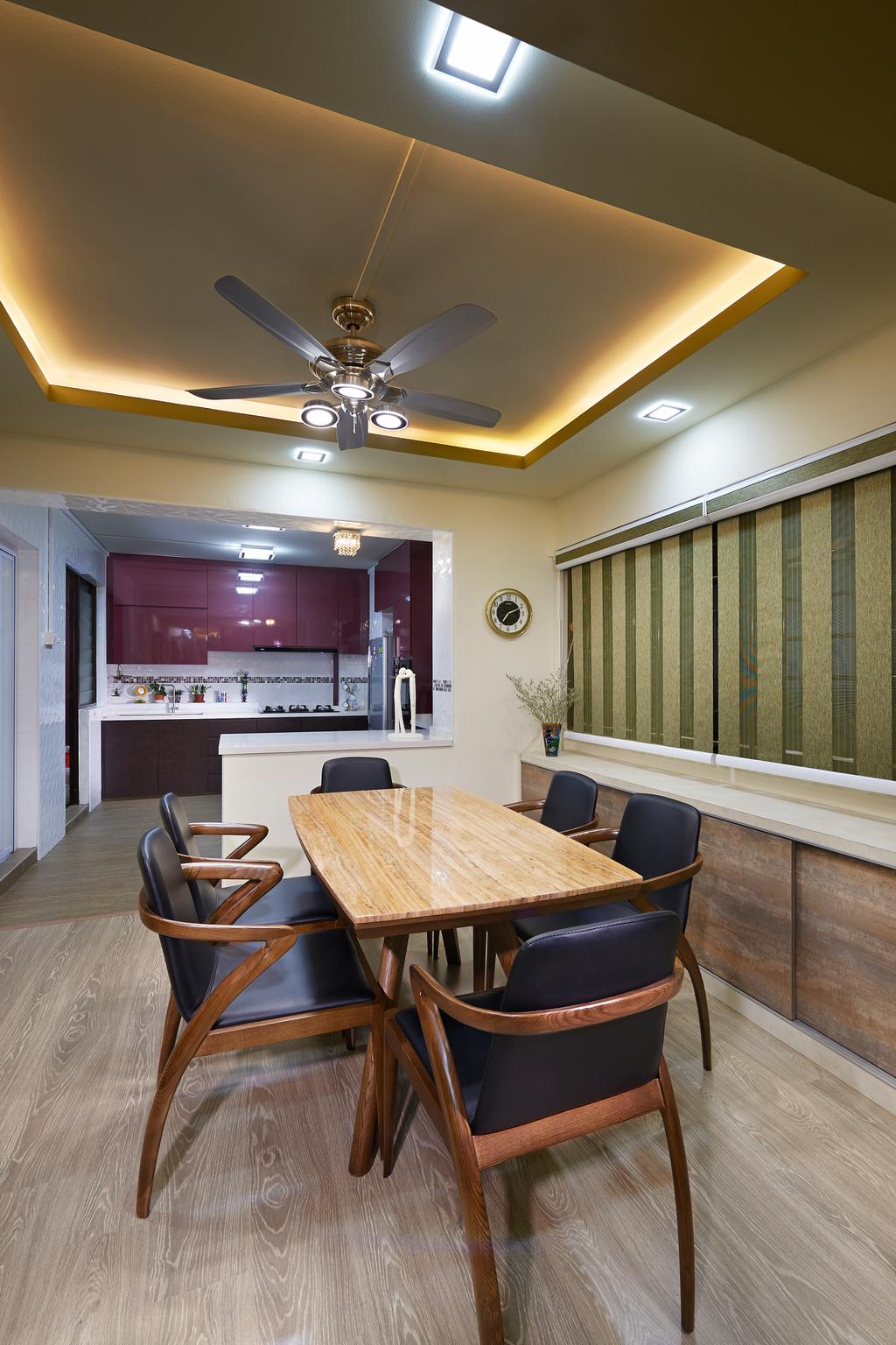 Traditional, HDB, Dining Room, Simei Street 1 (Block 254), Interior Designer, DC Vision Design, Recessed Lights, Ceiling Fan With Lights, Wood Dining Table, Wooden Dining Chair With Cushion, Wooden Floor, Hidden Interior Lights