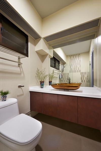 Simei Street 1 (Block 254), DC Vision Design, Traditional, Bathroom, HDB, Ceramic Floor, Toilet, Wooden Cabinet With Polar White Marble Top, Window Panel, Mirror, Recessed Lights, Basin