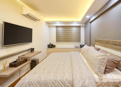 Fajar Hills, Absolook Interior Design, Minimalist, Scandinavian, Bedroom, HDB, King Size Bed, Recessed Lights, Hidden Interior Lights, Wall Mounted Television, Air Conditioning, Wooden Panel, Wall Mounted Wooden Ledge, Cozy, Relax, Comfortable, White Wall, Grey Wall, Indoors, Room, Corridor