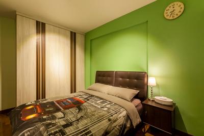 Yung Kuang Road (Block 175A), Absolook Interior Design, Scandinavian, Bedroom, HDB, Green Wall, Wall Mounted Clock, King Size Bed, Cushioned Panel, Wall Mounted Wooden Table, Mini Lamp, Wooden Wardrobe, Cozy, Comfortable, Chill, Relax, Indoors, Interior Design, Room, Bed, Furniture