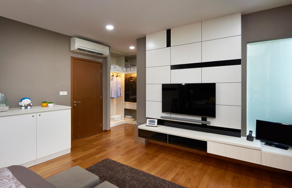 Contemporary, Landed, Living Room, Andrews Ave, Interior Designer, DC Vision Design, Wall Mounted Television, Floating Console, White Tiles, Recessed Lights, Wood Door, Air Conditioning, Carpet Mat, Sofa, White Cabinet, White Wardrobe