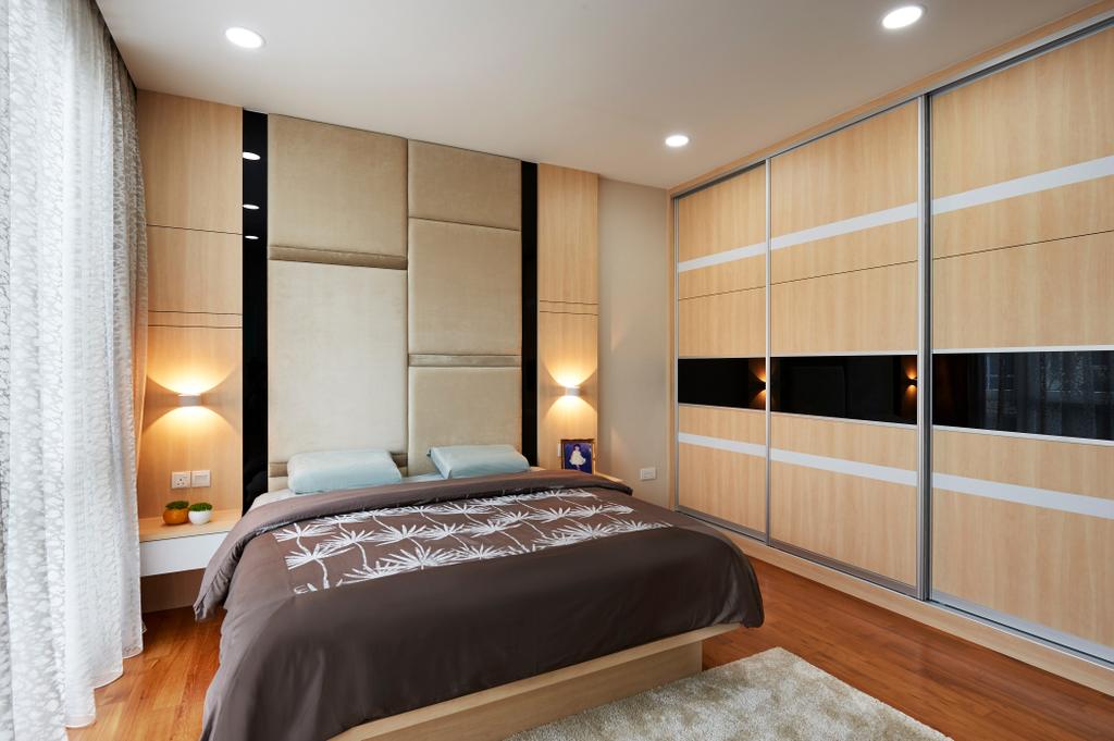 Contemporary, Landed, Bedroom, Andrews Ave, Interior Designer, DC Vision Design, Recessed Lights, Sling Curtain, King Size Bed, Cushioned Panels, Bedrunner, Wall Mounted Lights, Wooden Wall, Wooden Wardrobe, Sliding Wardrobe, Wooden Floor, Cozy, Comfortable, Relax