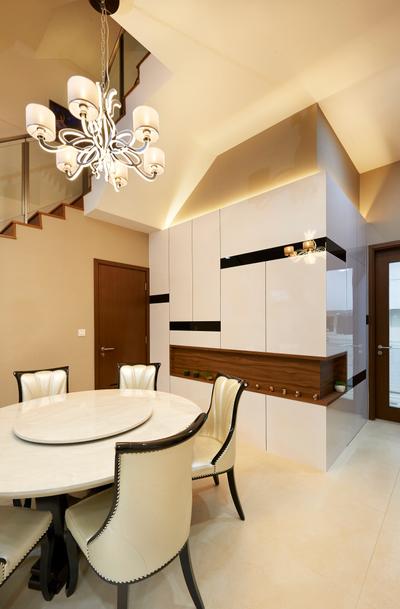 Andrews Ave, DC Vision Design, Contemporary, Dining Room, Landed, Round Marble Dining Table, Dining Chair, Chandelier, Hidden Interior Lights, Marble Wall Tiles, Mini Marble Black Tiles, Built In Wooden Shelf