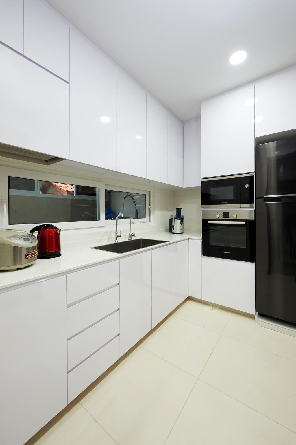 Contemporary, Landed, Kitchen, Andrews Ave, Interior Designer, DC Vision Design, Recessed Light, White Kitchen Cupboard, Refrigerator, Built In Oven, Kitchen Sink, Kitchen Stove