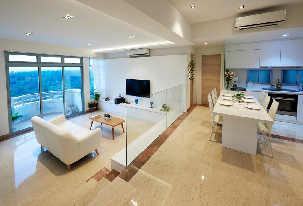 Modern, Condo, Living Room, The Makena, Interior Designer, DC Vision Design, Recessed Lights, Hidden Interior Lights, Air Conditioning, Wall Mounted Television, Love Seat, Mini Wooden Table, Glass Panels, 3 Step Stairs, Elevated Level, White Cabinet, Large Glass Window Panels
