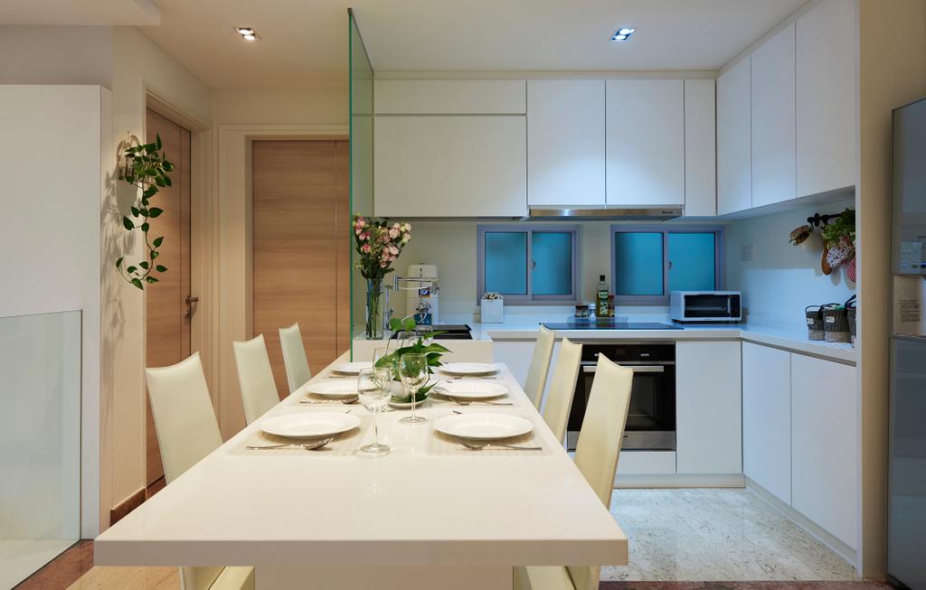 Modern, Condo, Dining Room, The Makena, Interior Designer, DC Vision Design, White Dining Table, White Dining Chair, Refrigerator, Built In Oven Microwave, Wall Mounted White Cabinet, White Cabinet, Kitchen Stove, Recessed Lights