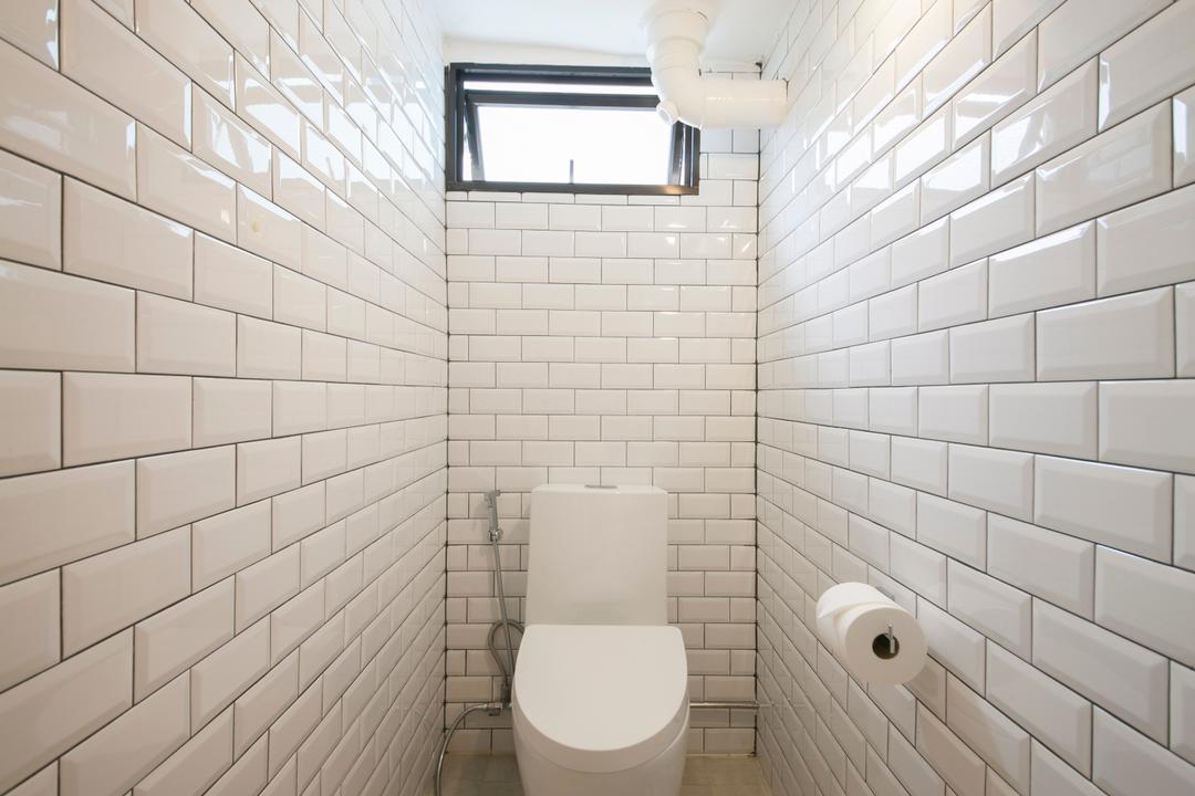 Toa Payoh North, Mr Shopper Studio, Scandinavian, Bathroom, HDB, White Ceramic Tiles, Toilet, Window Panel