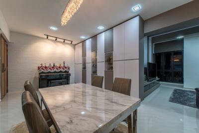The Sterling, ProjectGuru, Modern, Dining Room, Condo, Black Track Lights, Marble Table, White Marble Floor, Shoes Case, Downlight, Plywood, Wood, Chair, Furniture, Bench, Indoors, Interior Design, Room, Fireplace, Hearth, Dining Table, Table