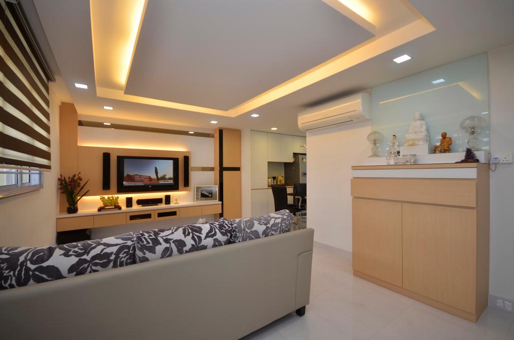 Traditional, HDB, Living Room, Bedok (Block 112), Interior Designer, DreamCreations Interior, Blinds, Sofa, Recessed Ceiling, Skylight, Concealed Lighting, False Ceiling, Electronics, Entertainment Center, Home Theater
