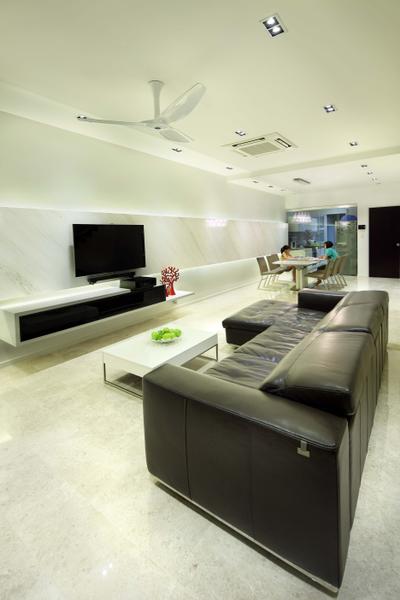 Pavilion Place, Space Define Interior, Modern, Living Room, Landed, Marble, Floor, Black Sofa, Leather, Tv Console, Recessed Lights, White Fan, White Coffee Table, Marble Feature Wall, Feature Wall, Couch, Furniture, Electronics, Lcd Screen, Monitor, Screen