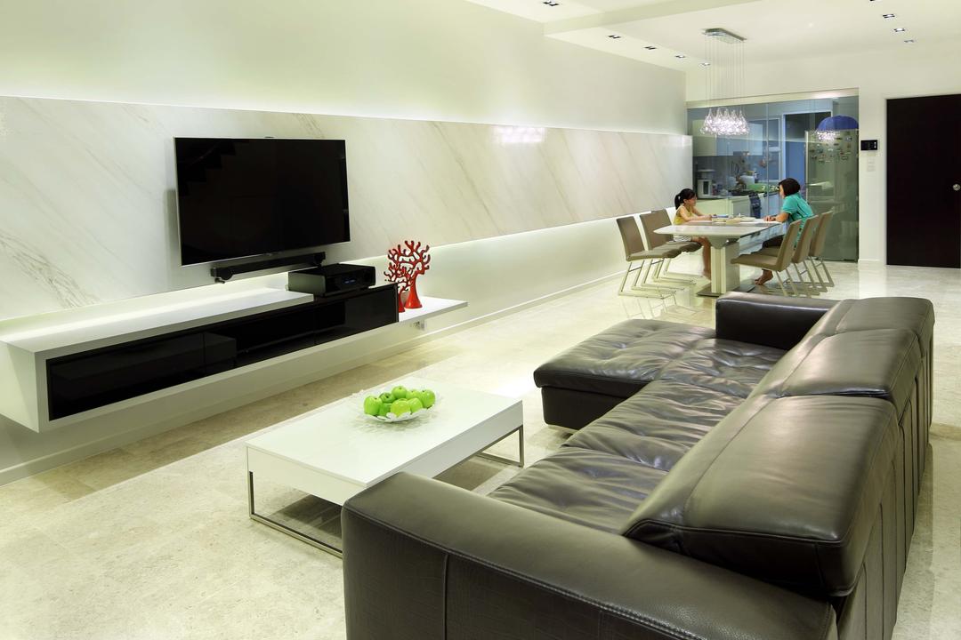 Pavilion Place, Space Define Interior, Modern, Living Room, Landed, Marble, Floor, Black Sofa, Leather, Tv Console, Recessed Lighting, White Fan, White Coffee Table, Marble Feature Wall, Couch, Furniture, Electronics, Lcd Screen, Monitor, Screen