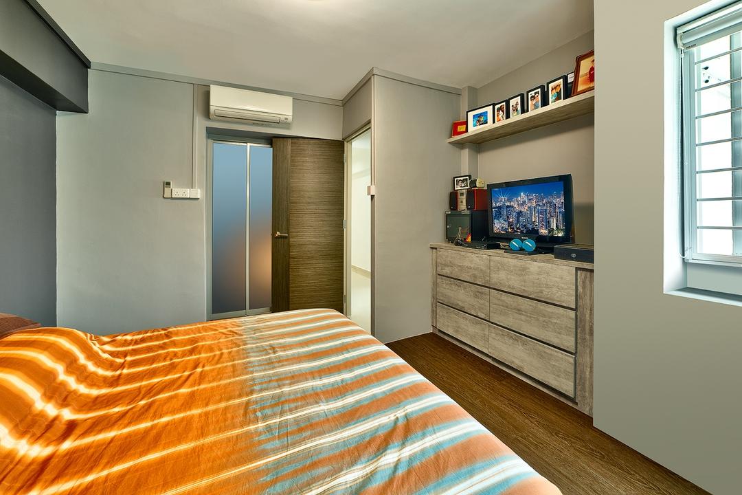 Gangsa Road (Block 163), Absolook Interior Design, Modern, Bedroom, HDB, , Television, Wooden Floor, King Size Bed, Wooden Cabinet, Wooden Door, Roll Down Curtain, Air Condition, Wall Mounted Ledge, Comfortable, Cozy, Bed With Shades Of Orange White And Blue, Electronics, Monitor, Screen, Tv, Indoors, Interior Design, Room