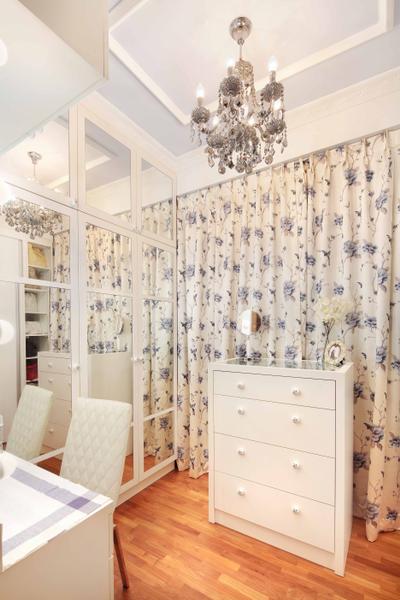 Shore Residence - Amber Road, Space Define Interior, Transitional, Bedroom, Condo, Chandelier, White, Drawer, Glass Wardrobe Door, Chest Of Drawers, Wooden Flooring, Parquet, Curtains, Floral Curtains, Full Length Mirror