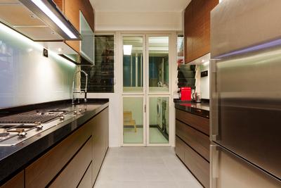 Corporation Tiara (Block 175A), Absolook Interior Design, Traditional, Kitchen, HDB, White Marble Floor, Wooden Kitchen Cabinets, Wall Attached Wooden Kitchen Cabinet, Wall Mounted Lights, Glass Panelled Door, Indoors, Interior Design