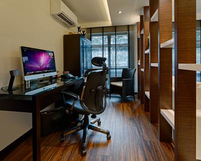 Corporation Tiara (Block 175A), Absolook Interior Design, Traditional, Study, HDB, Wooden Floor, High Back Office Chair, Imac, Air Conditioning, Recessed Lights, Hidden Interior Light, Study Table, Roll Down Curtains, Wooden Shelf, Chair, Furniture, Hardwood, Wood