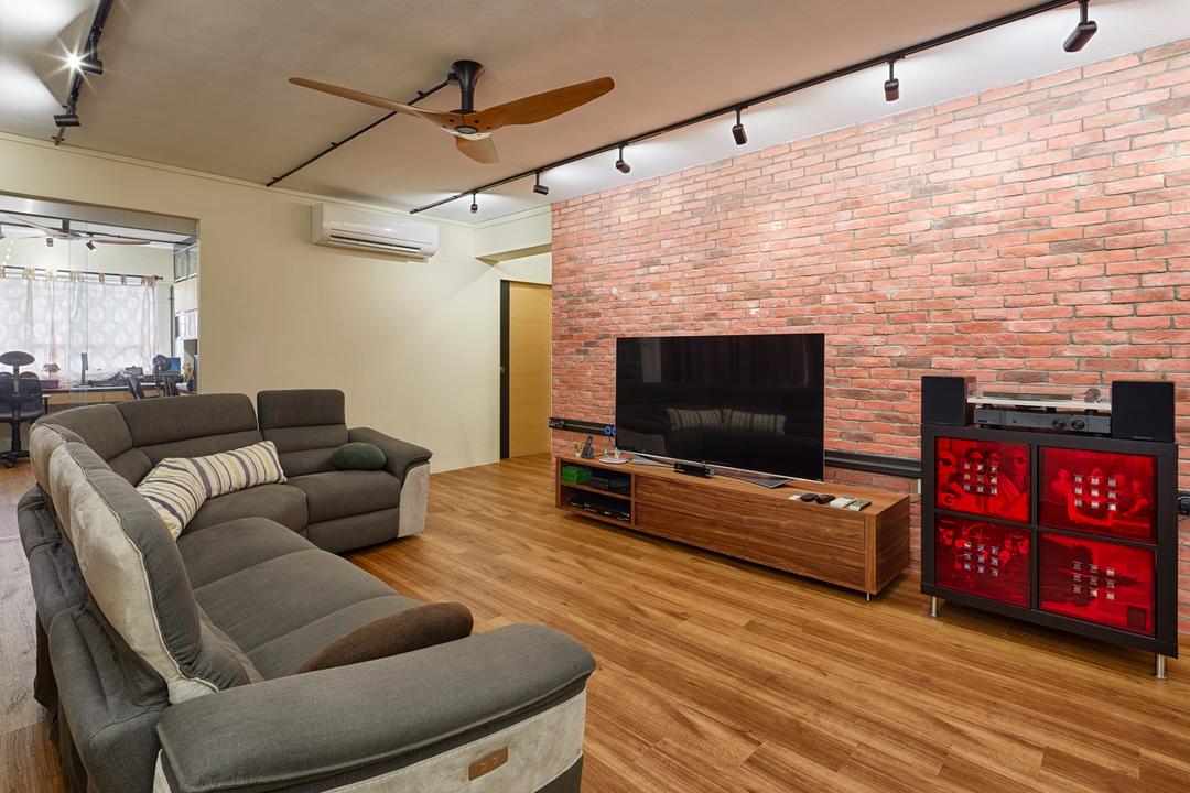 Pasir Ris Street 11 (Block 185), Absolook Interior Design, Industrial, Living Room, HDB, Haiku Fan, Wooden Floor, Brick Wall, Track Light, Wall Mounted Television, Wooden Television Console, Sectional Sofa, Air Condition, Wooden Door, Spacious, Couch, Furniture