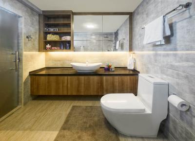 Punggol Central (Block 192), Absolook Interior Design, Transitional, Bathroom, HDB, Wooden Floor, Marble Wall, Toilet, Wall Mounted Mirror, Wall Mounted Cabinet, Wooden Toilet Cabinet, Toilet Sink, Indoors, Interior Design, Room