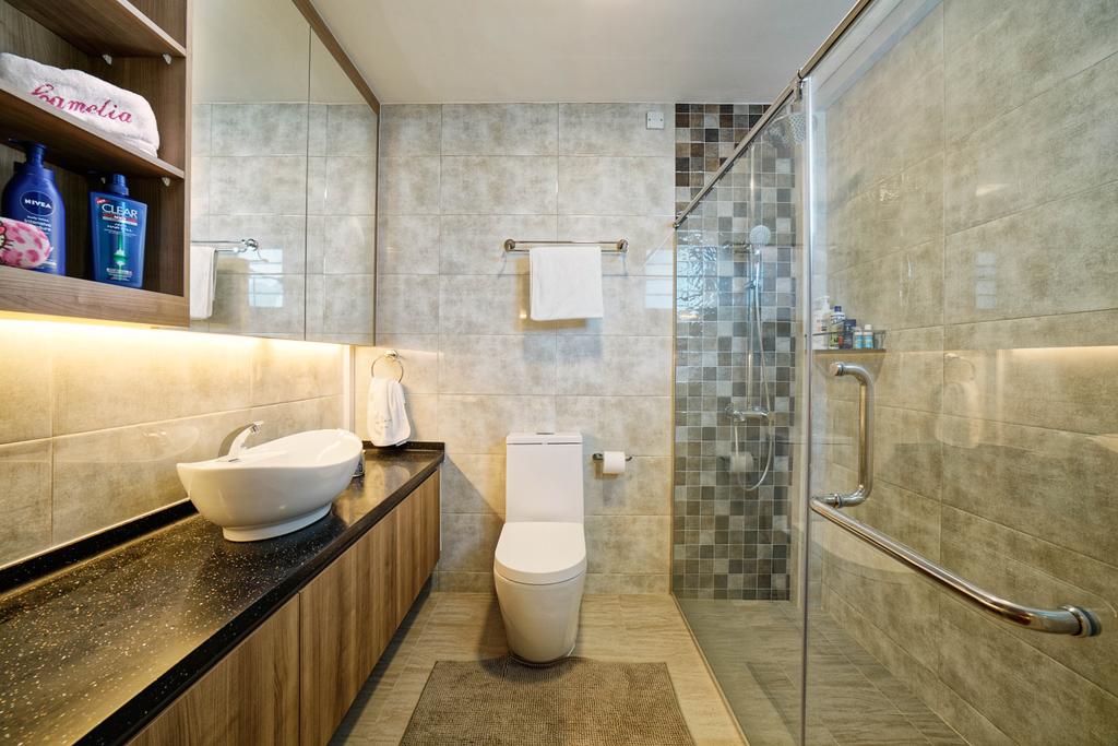 Transitional, HDB, Bathroom, Punggol Central (Block 192), Interior Designer, Absolook Interior Design, White Marble Floor, Marble Wall, Wall Mounted Mirror, Wall Mounted Cabinet, Wooden Toilet Cabinet, Toilet, Toilet Sink, Shower, Indoors, Interior Design, Room
