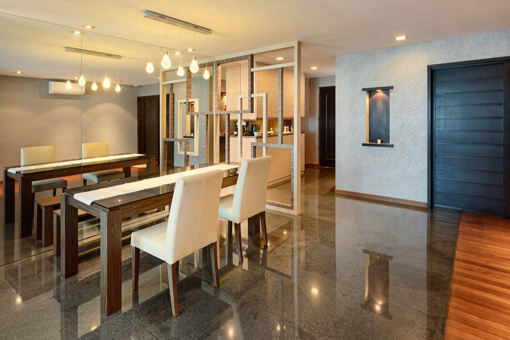 Transitional, HDB, Dining Room, Punggol Central (Block 192), Interior Designer, Absolook Interior Design, White Marble Floor, Recessed Lights, Hanging Light, Polar White Dining Chair, Air Conditioning, Wooden Dining Table With Marble Top, Chair, Furniture, Dining Table, Table, Indoors, Interior Design, Room, Flooring