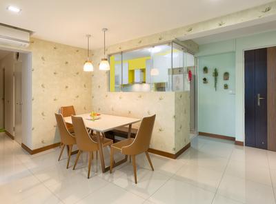 Yishun Natura (Block 342A), Absolook Interior Design, Transitional, Dining Room, HDB, Hanging Lights, Wooden Dining Chair, Dining Table, Ceramic Floor, Air Conditioning, Recessed Lights, Wall With Patterns, Glass Panels, Pendant Lights, Furniture, Table, Chair, Plywood, Wood
