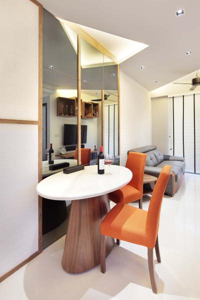 The Vandelint, Space Define Interior, Contemporary, Dining Room, Condo, Concealed Lighting, Mushroom Table, White Oval Table, Mirror, Orange Chair, Recessed Lights, False Ceiling, Venetian Blinds, Chair, Furniture, Dining Table, Table, Indoors, Interior Design, Room